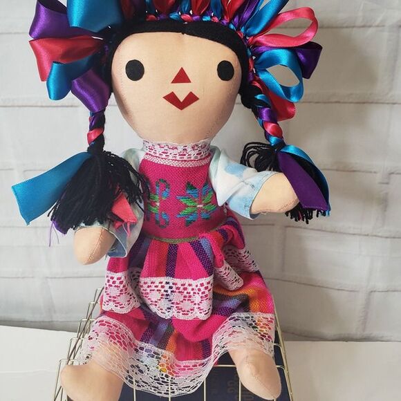 Traditional Handmade Mexican Otomi Lele Pink Rag Cloth Doll 14" Ribbon Soft Toy - Picture 9 of 11